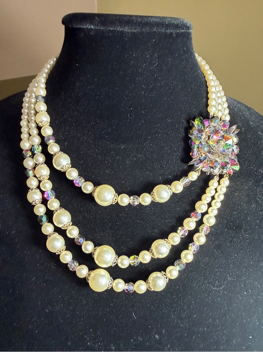 Vintage Multi Strand Faux Pearl Statement Necklace Crystal Accent